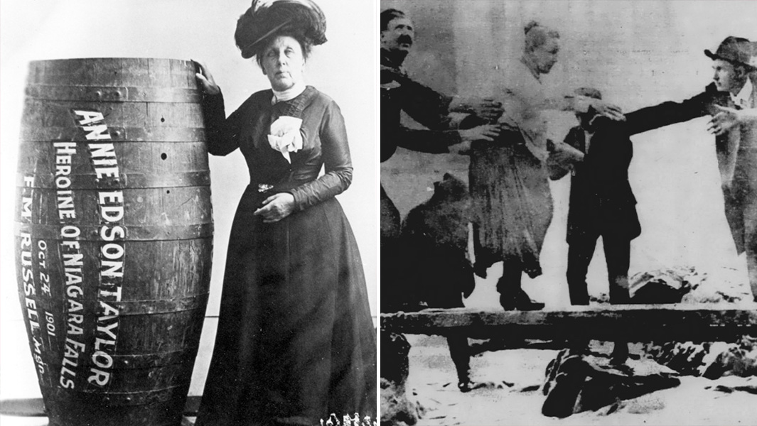 split image of Annie with her barrel and being helped to shore