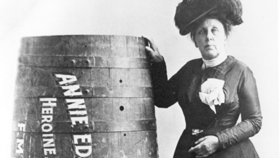 split image of Annie with her barrel and being helped to shore