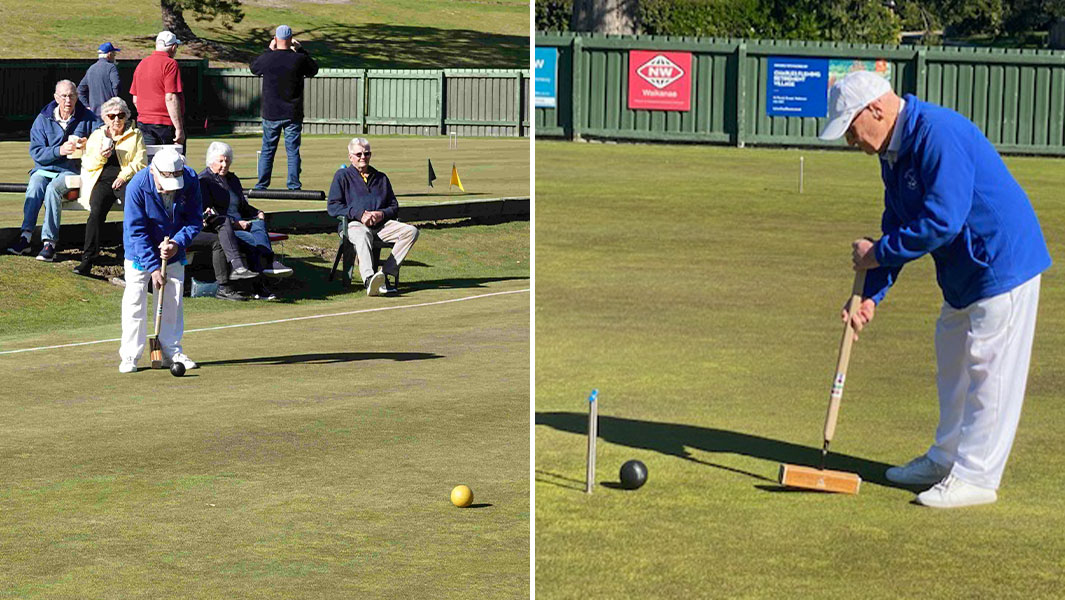 split image of Neville playing croquet