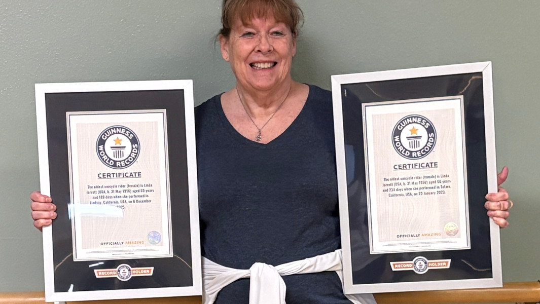 Three way split image of Linda on her unicycle and Linda when she was younger on the trapeze