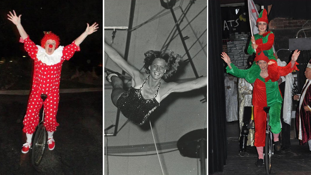 Three way split image of Linda on her unicycle and Linda when she was younger on the trapeze