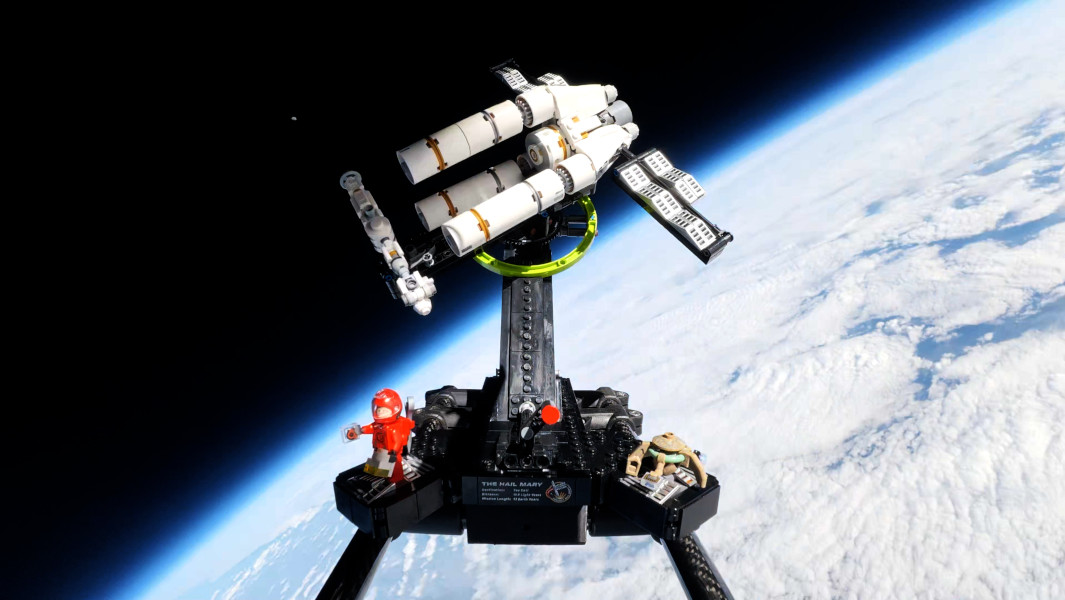 The LEGO display in front of planet Earth