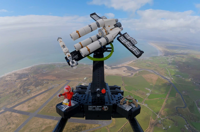 The lego set approaching the Earth