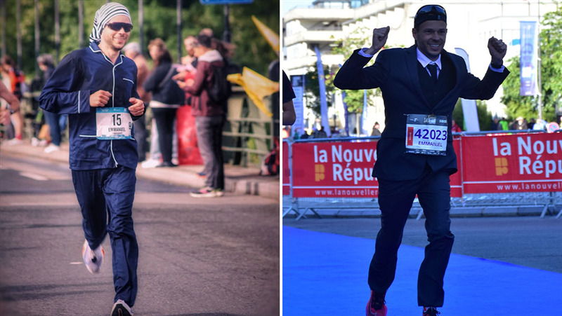 A split image of Emmanuel running a marathon in pyjamas and in a suit
