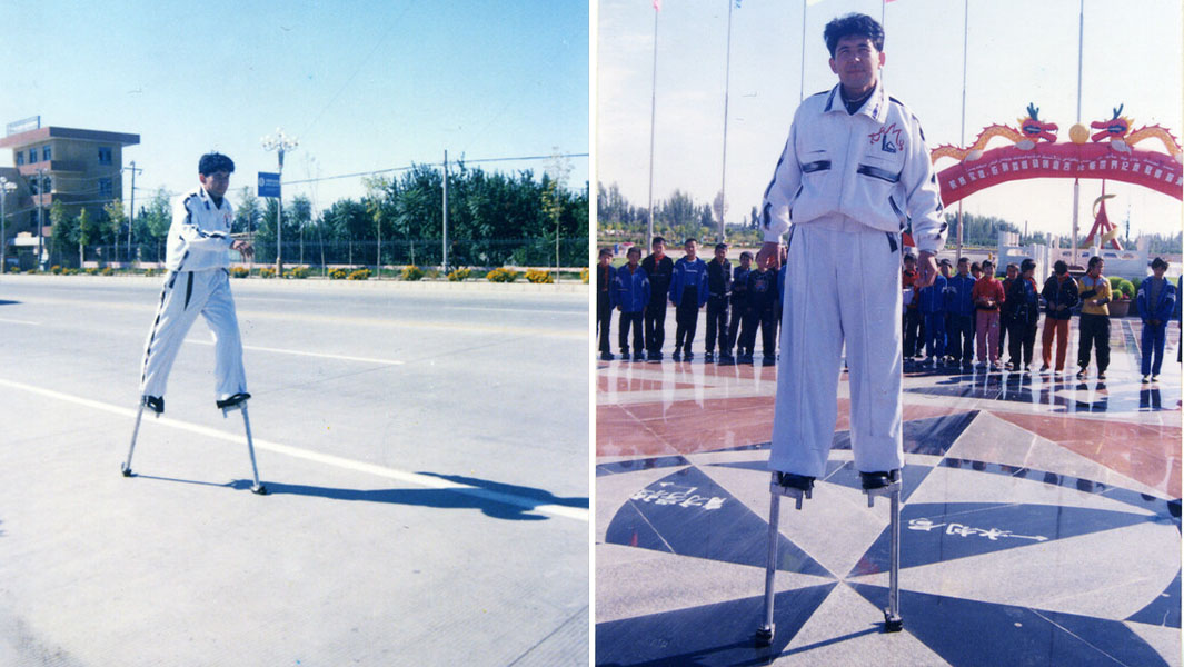 Split image of Saimaiti Yiming walking in his stilts and at the ceremony