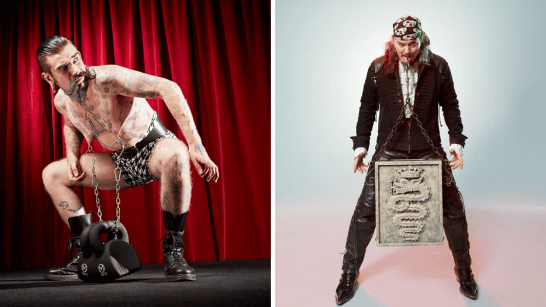 Split image of a man lifting weight with his tongue; another man lifting weight with his nipples