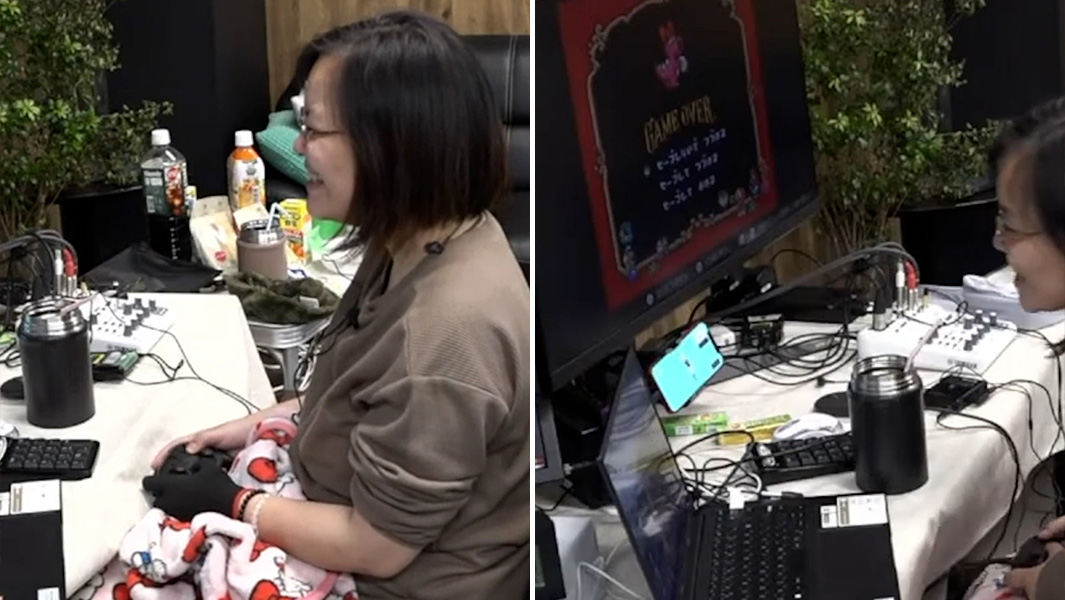 split image of Audrey sitting at desk playing Super Mario games