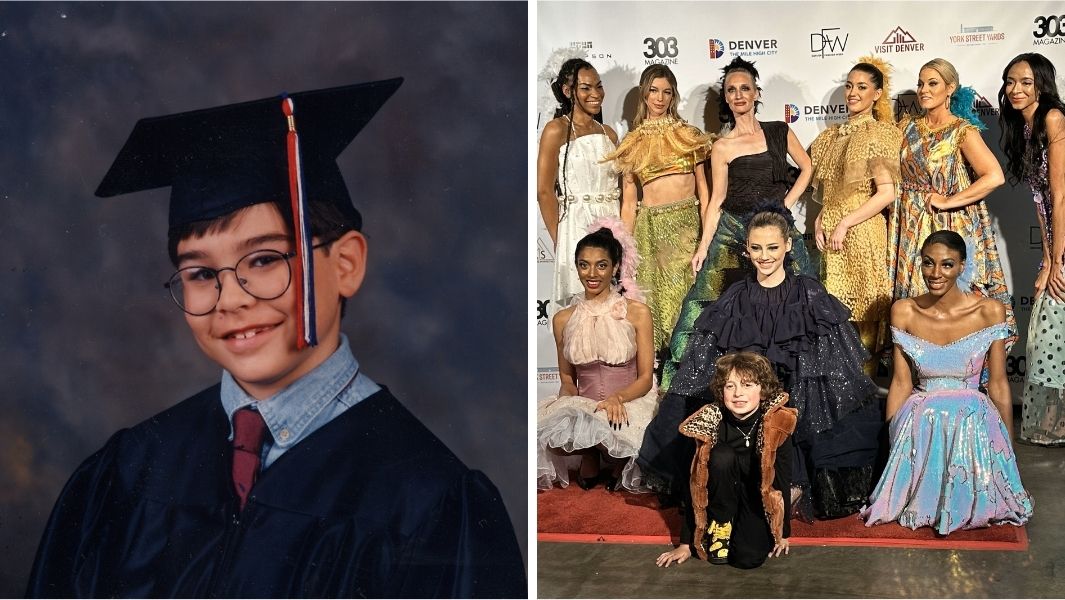 Split image of a boy in a graduation cap; a boy surrounded by celebrities at fashion week