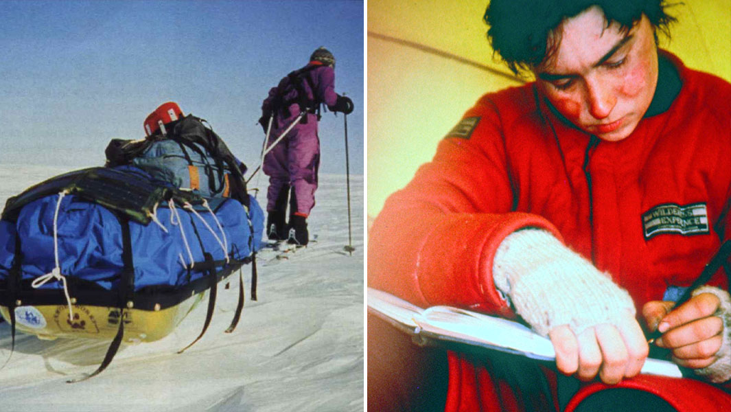 split image of Ann pulling a sled through the snow and making notes