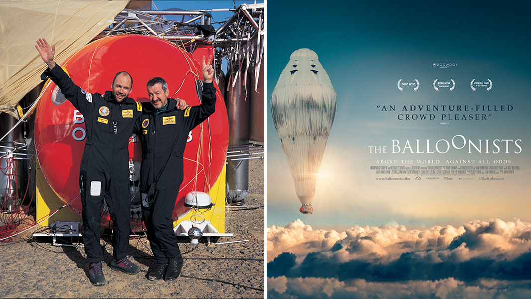 split image of Bertrand and Brian posing in front of their balloon and The Balloonists movie poster