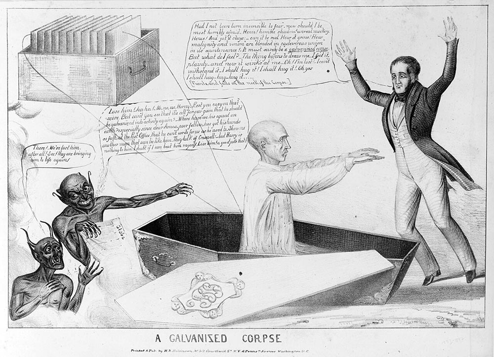An eighteenth century engraving showing a man brought back to life with electricity