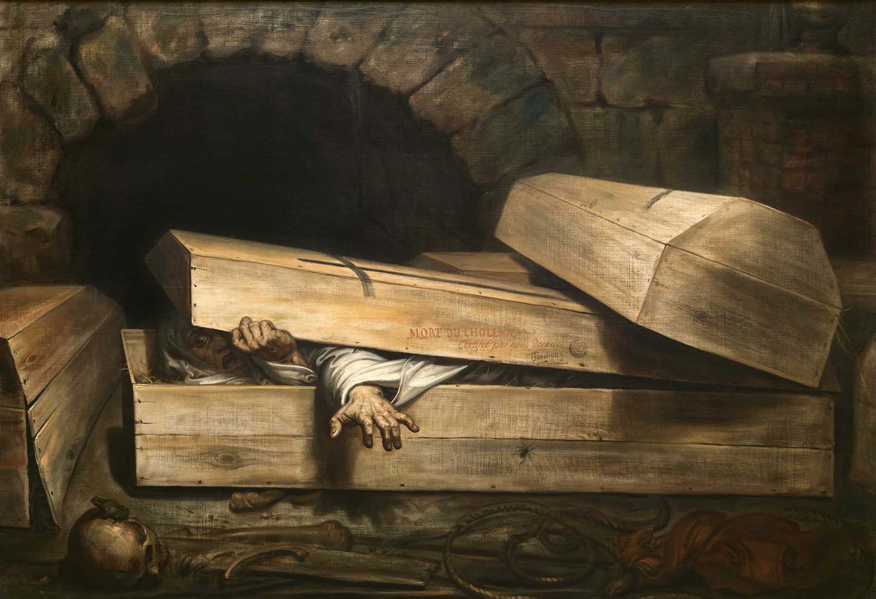 A macabre painting showing a terrified man attempting to escape from a coffin