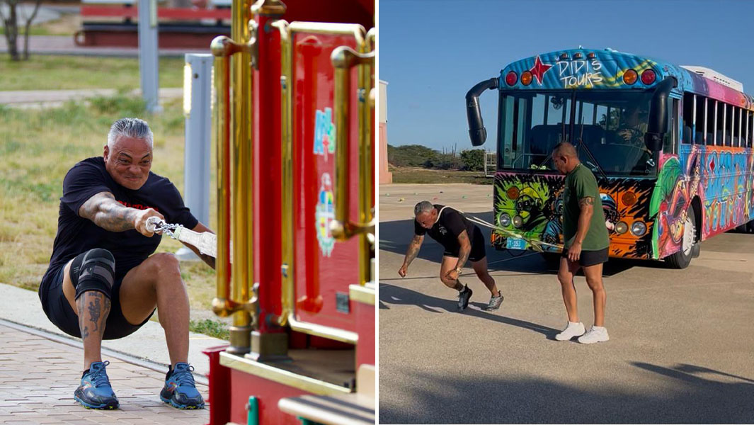 split image of Egmond pulling a tram with one finger and a bus with his neck