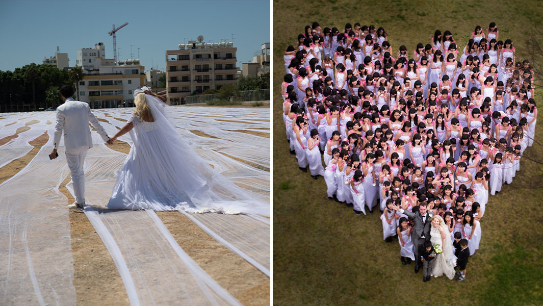 split image of the longest wedding veil and most flower girls