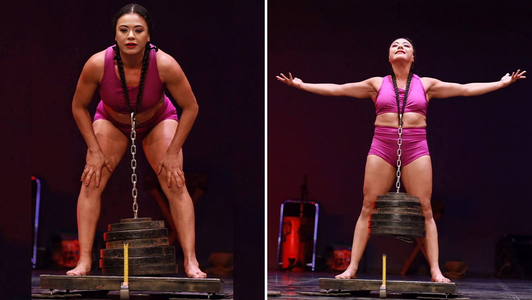 Split image of Diana preparing to lift the weight, and during her successful attempt