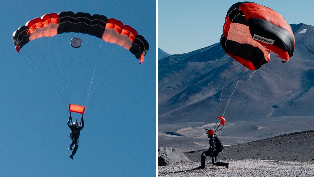 split image of highest skydive landing in the air and touching down