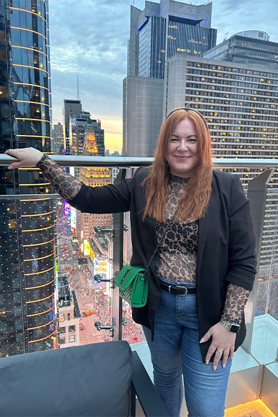 GWR's Vicki Newman on a rooftop bar overlooking Times Square