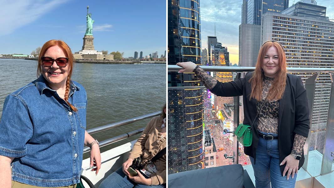 split image of GWR's Vicki Newman at the Statue of Liberty and overlooking Times Square
