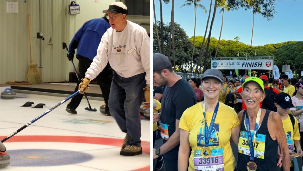 Split image of a man playing curling; a woman doing yoga