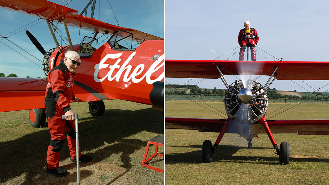 split image of Harry standing by the plane and strapped on top
