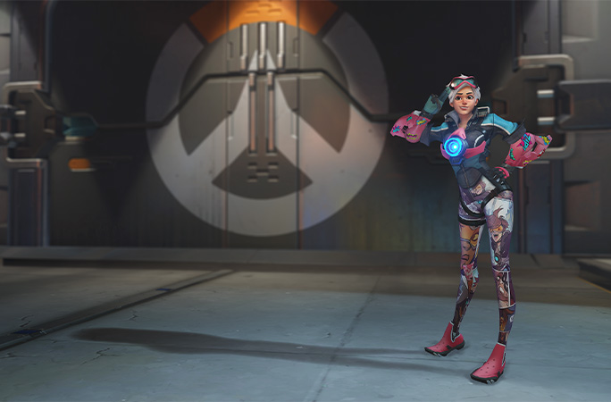 Overwatch character standind by a door