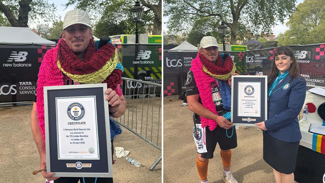 Split header of Simon holding his Guinness World Records certificate with a GWR Adjudicator