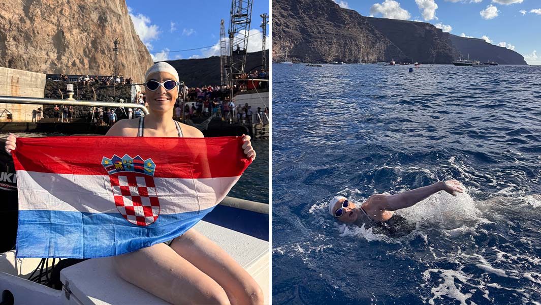 split image of Dina holding a Croatia flag and swimming