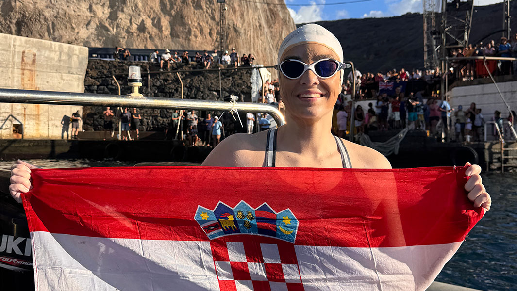 split image of Dina holding a Croatia flag and swimming