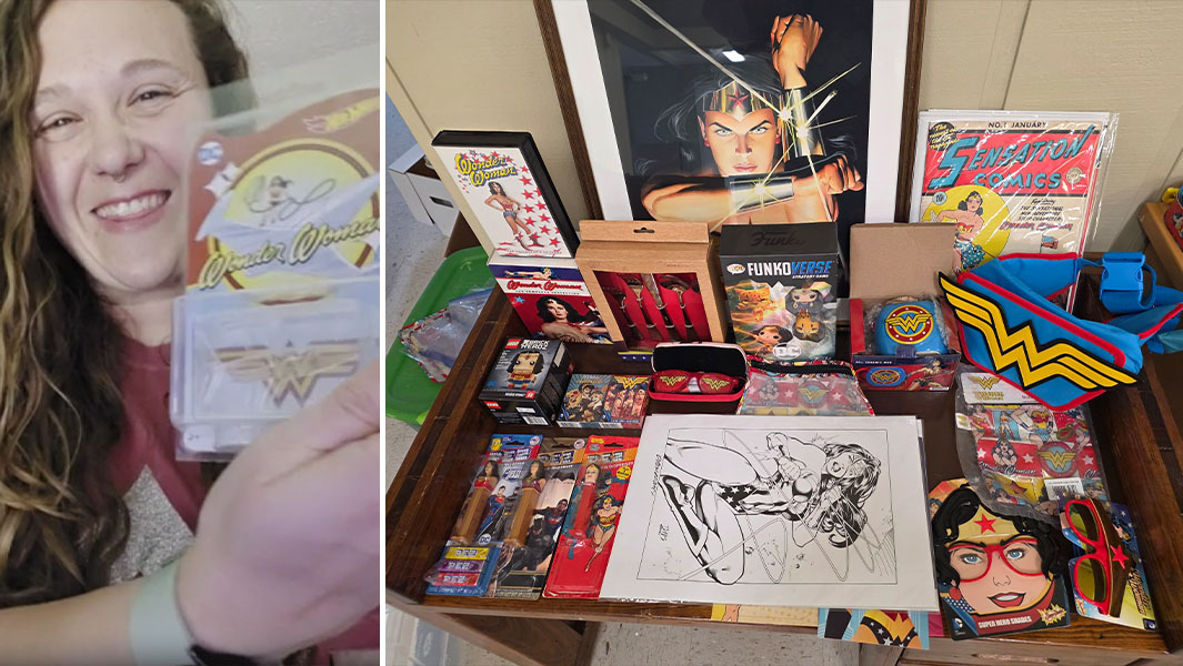 Split header of Aleshia holding some memorabilia, and some of her collection displayed
