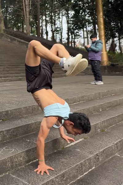 Hari walking down the stairs on his hands