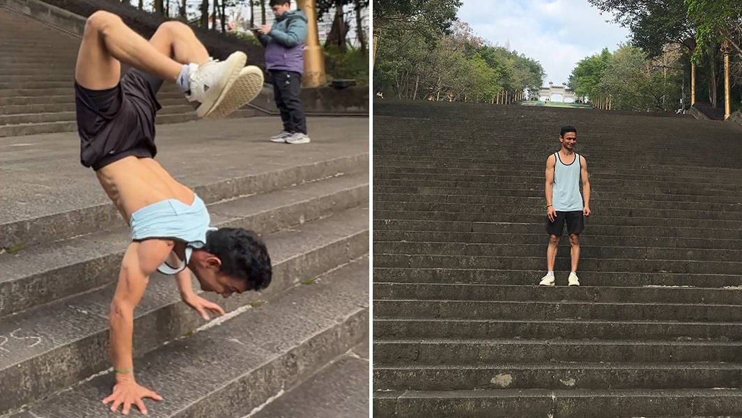 split image of Hari walking down stairs on his hands and standing on the stairs