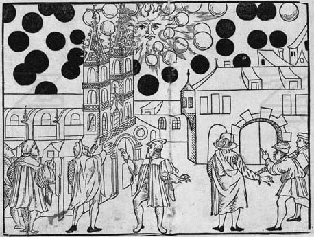 Renaissance illustration of an aeriel phenomenon over Basel, Switzerland.