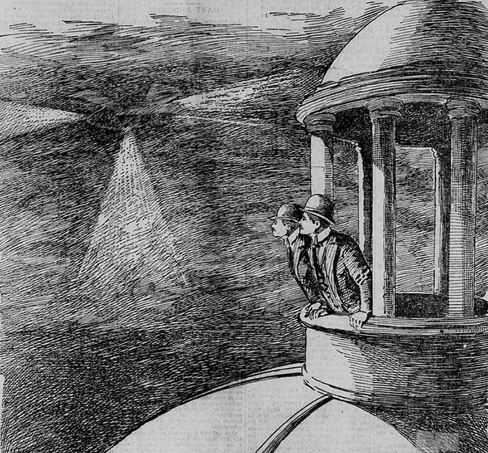 Newspaper illustration showing two men watching a UFO over Sacramento, California.