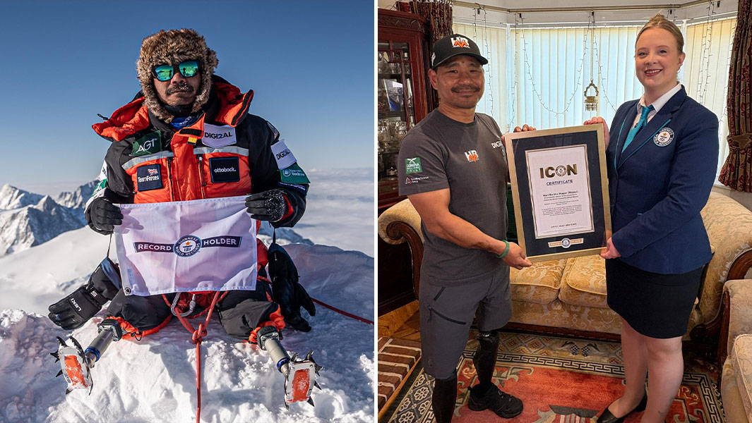 split image of Hari on a mountain and being presented with his GWR 
