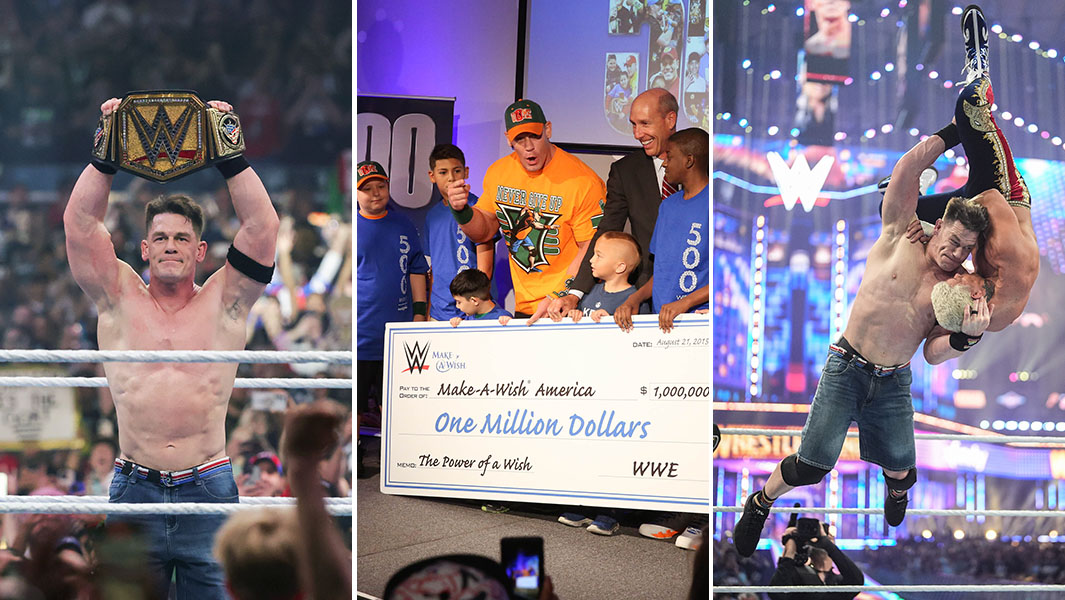 Split image of John Cena holding his 17th WWE championship belt, presenting a cheque to the Make A Wish foundation and performing his Attitude Adjustment move on Cody Rhodes