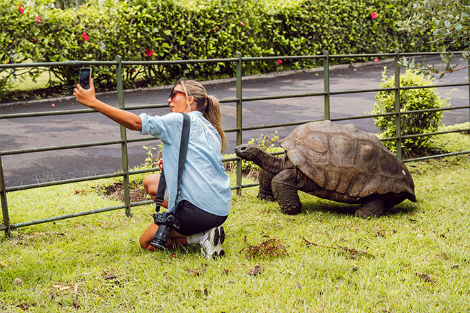 jonathan-the-tortoise-with-a-visitor-taking-a-shell-fie