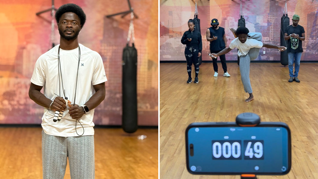 split image of Dflex posing and skipping with his leg behind his head