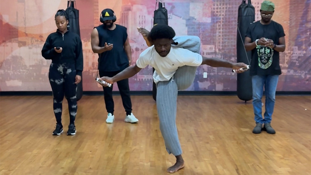 split image of Dflex posing and skipping with his leg behind his head