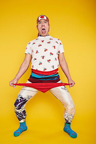Mr Cherry pulling underpants on