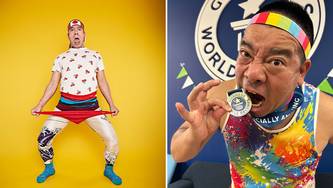 split image of Mr Cherry pulling on lots of pairs of underpants and biting a GWR medal