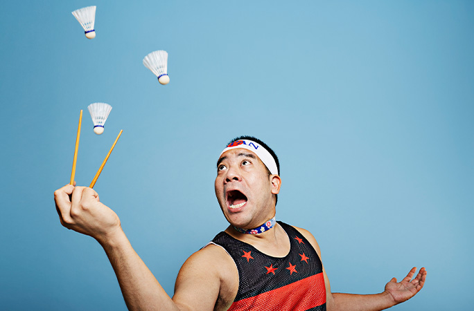 Mr Cherry with shuttlecocks and chopsticks
