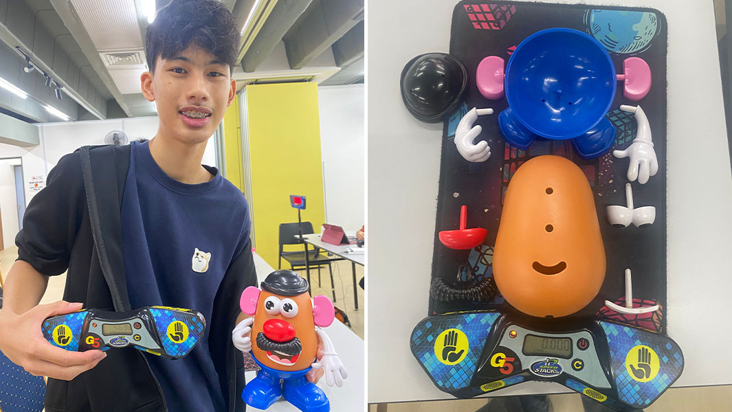 split image of Calen holding solved Mr. Potato Head and it lying disassembled