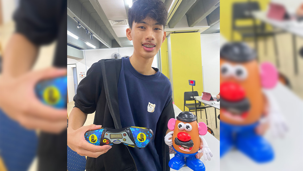 split image of Calen holding solved Mr. Potato Head and it lying disassembled