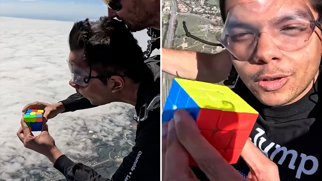 split image of Ishaan solving puzzle cubes while skydiving