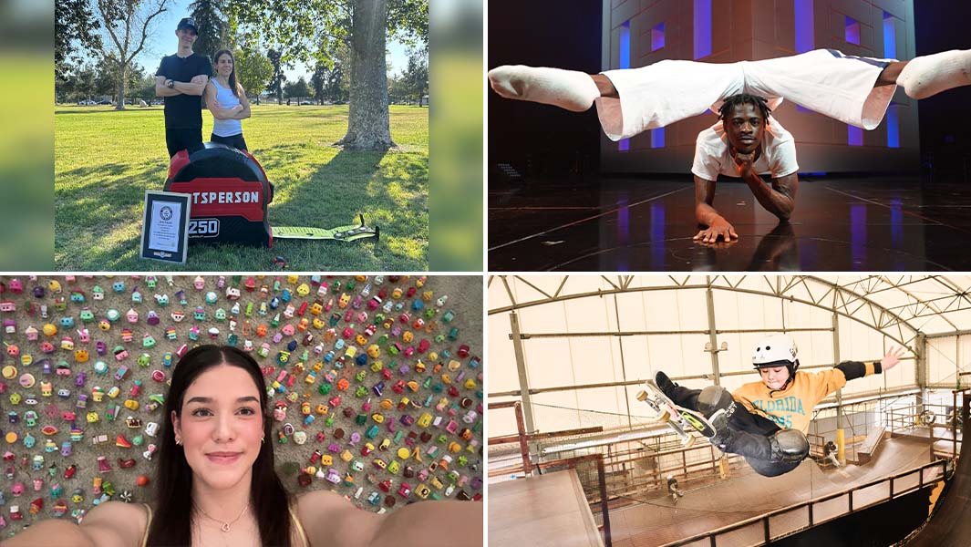 split image of four different record holders - the largest tape measure, a contortionist, a skateboarder and a Shopkins collector