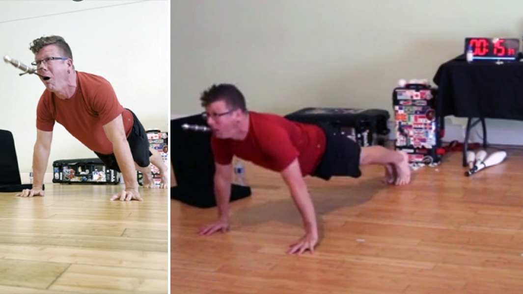 Split image of Noah with the sword in his mouth, and doing push ups with a sword in his mouth