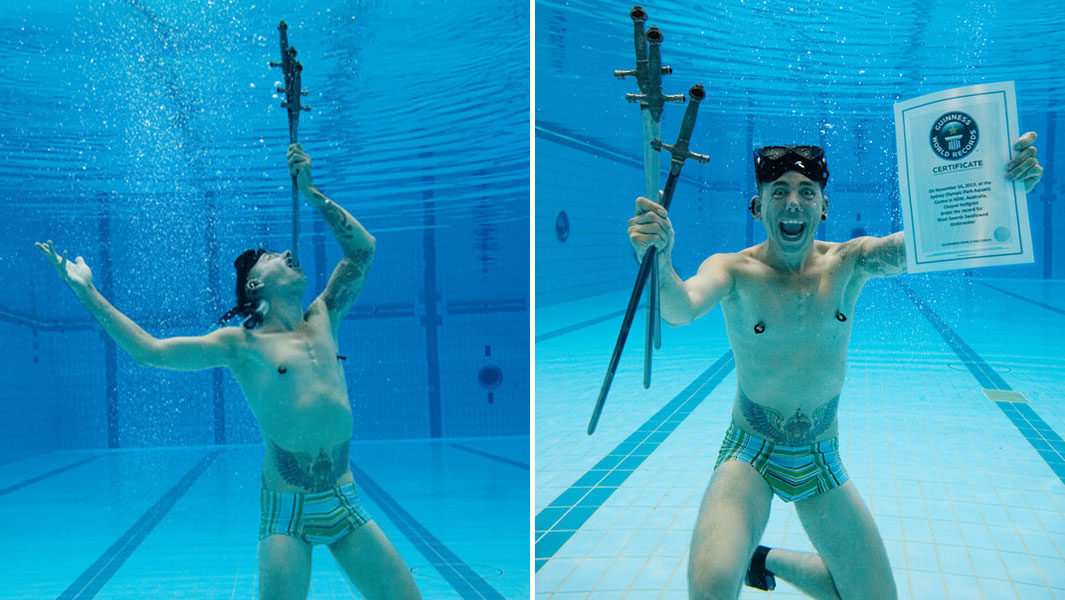 Split image of Chayne swallowing a sword and holding his certificate underwater