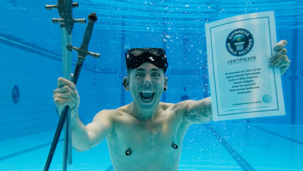Split image of Chayne swallowing a sword and holding his certificate underwater