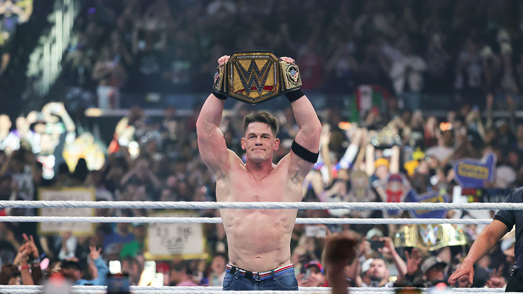 Split image of John Cena holding his 17th WWE championship belt, presenting a cheque to the Make A Wish foundation and performing his Attitude Adjustment move on Cody Rhodes