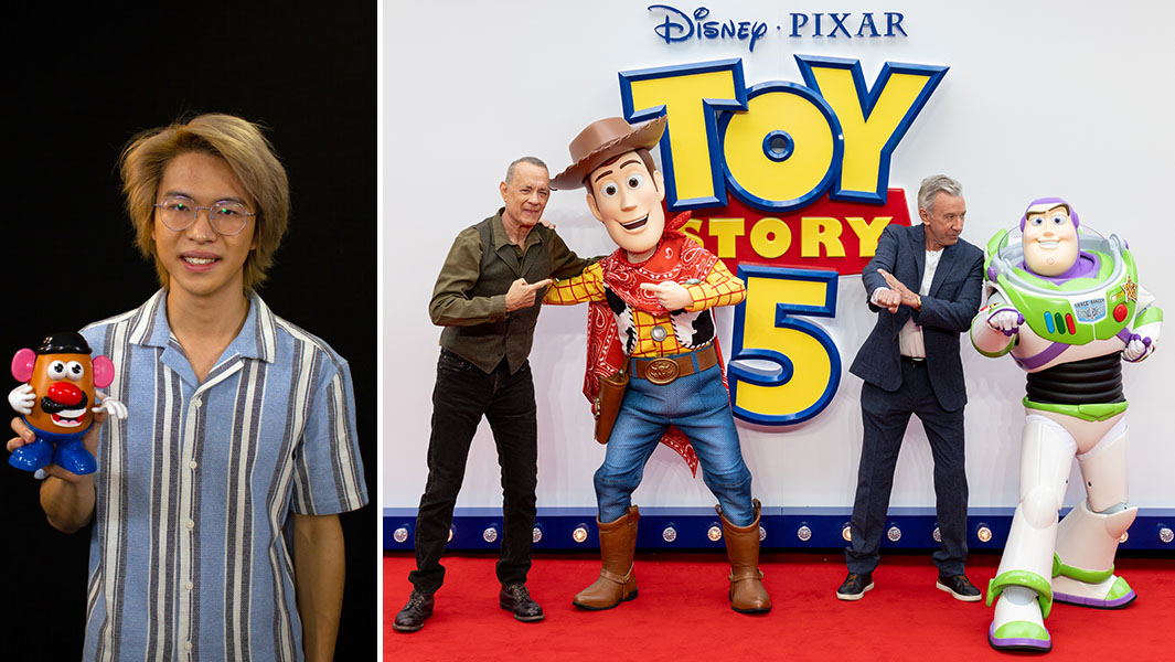split image of Lim Kai Yi holding a Mr Potato Head and Tom Hanks and Tim Allen posing with their characters on the Toy Story 5 red carpet